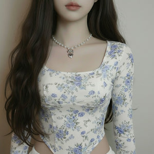 [Red Velvet Irene Necklace] Coquette Ribbon and Heart Locket Pearl Choker - Silver Color