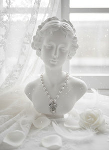 [Red Velvet Irene Necklace] Coquette Ribbon and Heart Locket Pearl Choker - Silver Color