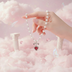 [Jenny Park Necklace] Rosepink Heart and Bow Pearl Choker Necklace