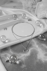 [Aespa NingNing Necklace] Upside Down Crescent Moon Rhinestone Chain Choker Layered Necklace - Silver