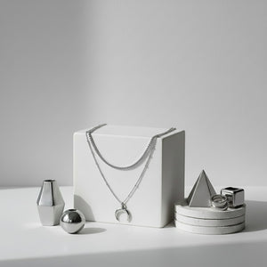 [Aespa NingNing Necklace] Upside Down Crescent Moon Rhinestone Chain Choker Layered Necklace - Silver