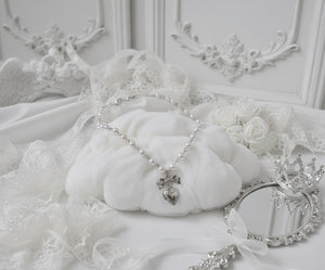 [Red Velvet Irene Necklace] Coquette Ribbon and Heart Locket Pearl Choker - Silver Color