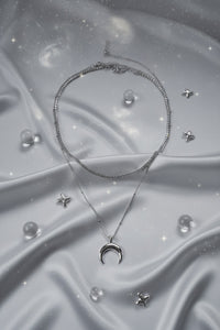 [Aespa NingNing Necklace] Upside Down Crescent Moon Rhinestone Chain Choker Layered Necklace - Silver