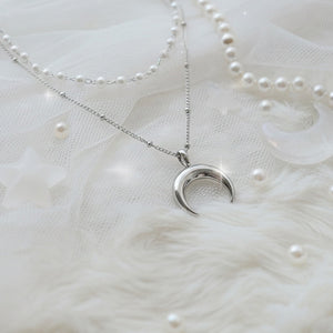Upside Down Crescent Moon Pearl Layered Necklace - Silver (KISS OF LIFE Belle Necklace)