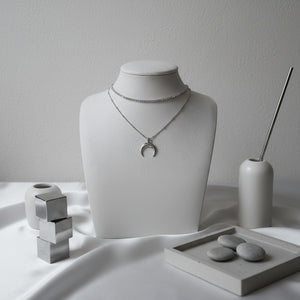 [Aespa NingNing Necklace] Upside Down Crescent Moon Rhinestone Chain Choker Layered Necklace - Silver
