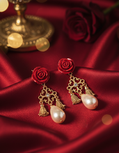 Load image into Gallery viewer, Red Rose Chandelier Earrings