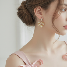 Load image into Gallery viewer, Coquette Laced Ribbon and Heart Huggies earrings - Gold Color