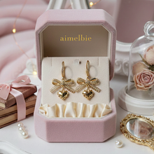 Load image into Gallery viewer, Coquette Laced Ribbon and Heart Huggies earrings - Gold Color