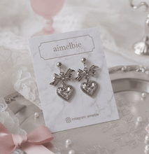 Load image into Gallery viewer, [Hearts2Hearts Yuha Earrings] Silver Laced Heart and Bow Earrings