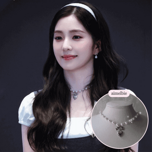 [Red Velvet Irene Necklace] Coquette Ribbon and Heart Locket Pearl Choker - Silver Color