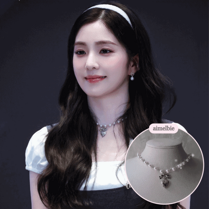 [Red Velvet Irene Necklace] Coquette Ribbon and Heart Locket Pearl Choker - Silver Color