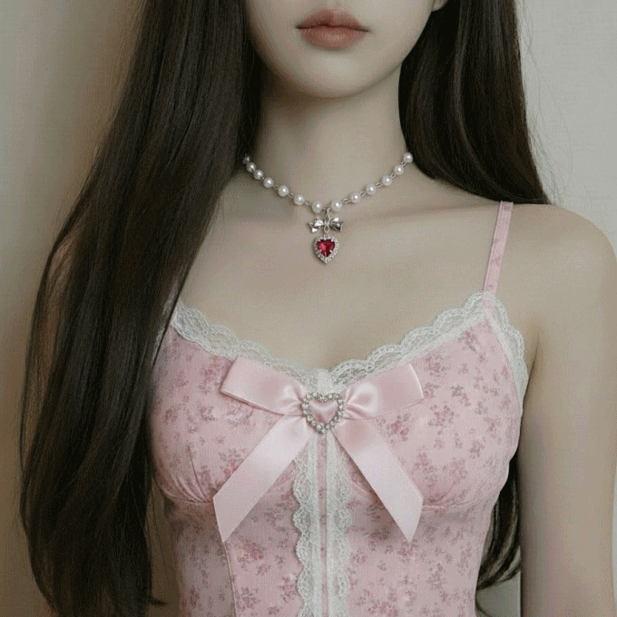 [Jenny Park Necklace] Rosepink Heart and Bow Pearl Choker Necklace