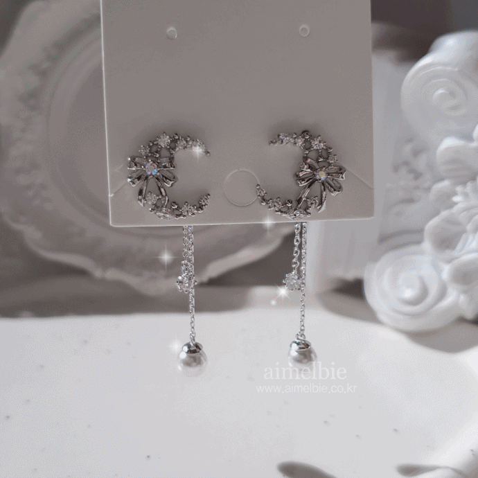 Dainty Ribbon and Moon Earrings - Silver