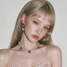 Load image into Gallery viewer, [IU Earrings] Heart Crystal and Pearl Earrings - Rosepink