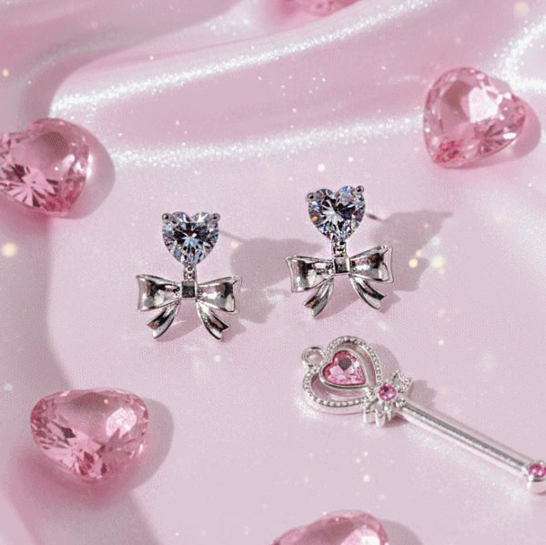 [Aespa Winter Earrings] Heart Crystal and Ribbon Earrings - Silver