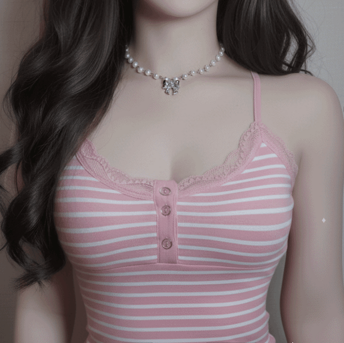 [TWICE Chaeyoung Necklace] Adorable Ribbon Pearl Choker - Silver Color