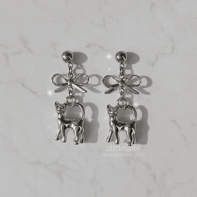 Kitty and Bow Earrings - Silver Color
