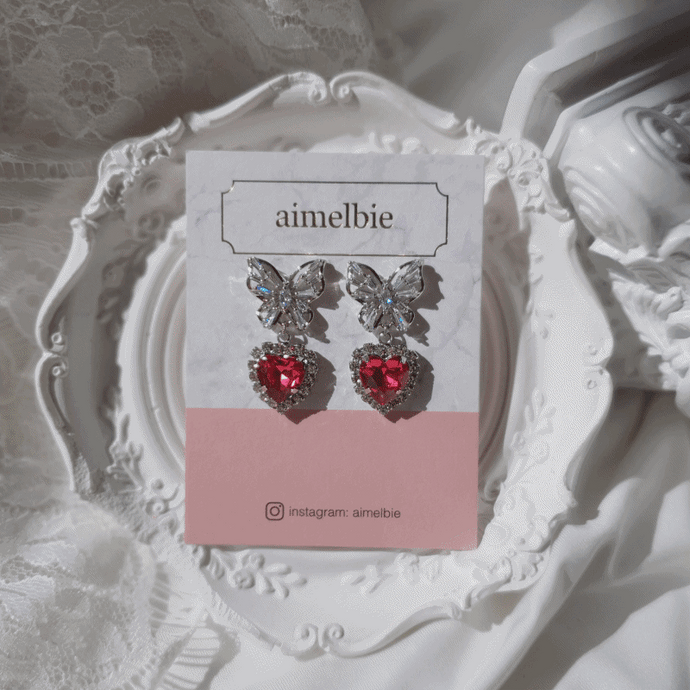 Butterfly and Crystal Heart Earrings - Rosepink