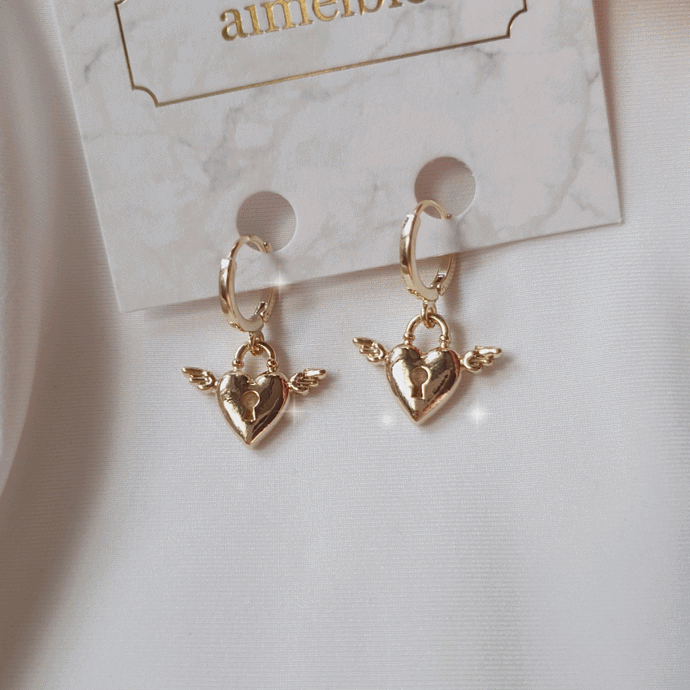 Angelic Heart Lock Huggies Earrings - Gold