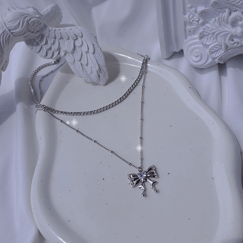 Melting Ribbon Rhinestone Chain Choker Layered Necklace