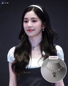 [Red Velvet Irene Necklace] Coquette Ribbon and Heart Locket Pearl Choker - Silver Color