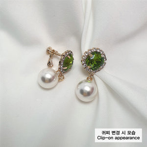 Cushion Square and Pearl Earrings - Olivine