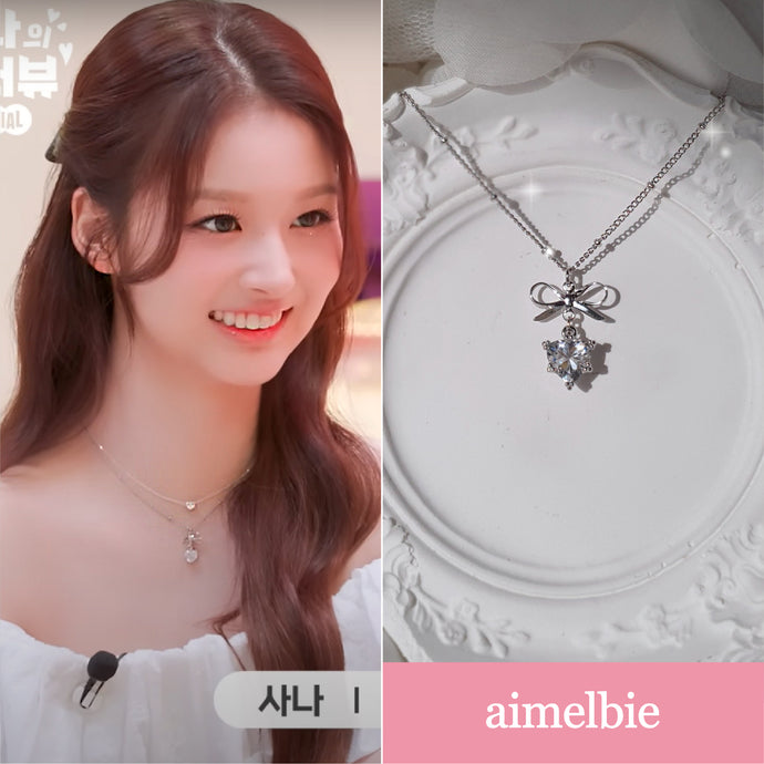 [NMIXX Sullyoon Necklace] Dainty Ribbon and Heart Semi Choker Necklace - Silver Color