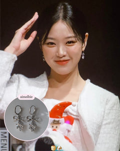 Dainty Heart Crystal and Ribbon Huggies Earrings - Silver Color (Loossemble Hyunjin, Nature Sohee Earrings)