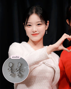 Dainty Heart Crystal and Ribbon Huggies Earrings - Silver Color (Loossemble Hyunjin, Nature Sohee Earrings)