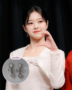 Dainty Heart Crystal and Ribbon Huggies Earrings - Silver Color (Loossemble Hyunjin, Nature Sohee Earrings)