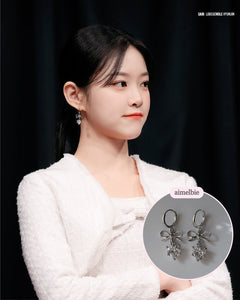 Dainty Heart Crystal and Ribbon Huggies Earrings - Silver Color (Loossemble Hyunjin, Nature Sohee Earrings)