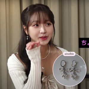[IU Earrings] Dainty Heart Crystal and Ribbon Huggies Earrings - Silver Color