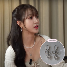 Load image into Gallery viewer, Dainty Heart Crystal and Ribbon Huggies Earrings - Silver Color (Loossemble Hyunjin, Nature Sohee Earrings)