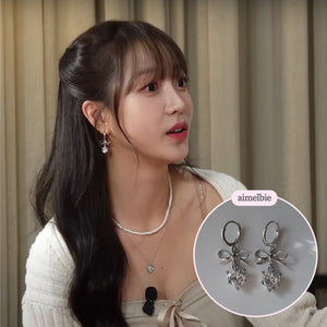 Dainty Heart Crystal and Ribbon Huggies Earrings - Silver Color (Loossemble Hyunjin, Nature Sohee Earrings)