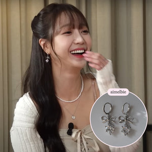 [IU Earrings] Dainty Heart Crystal and Ribbon Huggies Earrings - Silver Color