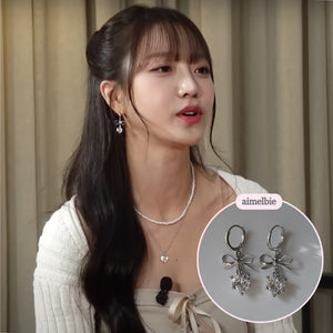 Dainty Heart Crystal and Ribbon Huggies Earrings - Silver Color (Loossemble Hyunjin, Nature Sohee Earrings)