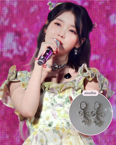 [IU Earrings] Dainty Heart Crystal and Ribbon Huggies Earrings - Silver Color