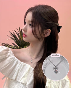 [NMIXX Sullyoon Necklace] Dainty Ribbon and Heart Semi Choker Necklace - Silver Color