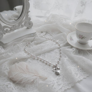 [Red Velvet Irene Necklace] Coquette Ribbon and Heart Locket Pearl Choker - Silver Color