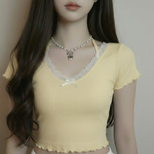 Load image into Gallery viewer, [Red Velvet Irene Necklace] Coquette Ribbon and Heart Locket Pearl Choker - Silver Color