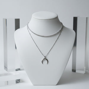 [Aespa NingNing Necklace] Upside Down Crescent Moon Rhinestone Chain Choker Layered Necklace - Silver