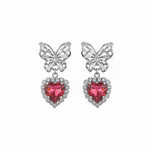 Load image into Gallery viewer, [Hearts2Hearts Yuha Earrings] Butterfly and Crystal Heart Earrings - Rosepink