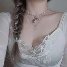 Load image into Gallery viewer, [BABYMONSTER Ahyeon, Luka Necklace] Princess Bow and Moon Layered Necklace - Silver Color