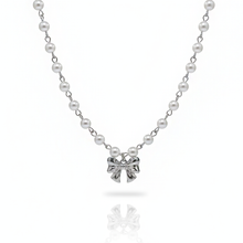Load image into Gallery viewer, [TWICE Chaeyoung Necklace] Adorable Ribbon Pearl Choker - Silver Color