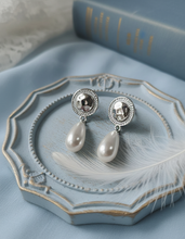 Load image into Gallery viewer, Ethnic Button and Long Pearl Earrings - Silver