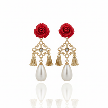 Load image into Gallery viewer, Red Rose Chandelier Earrings