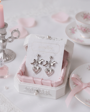 Load image into Gallery viewer, [Hearts2Hearts Yuha Earrings] Silver Laced Heart and Bow Earrings