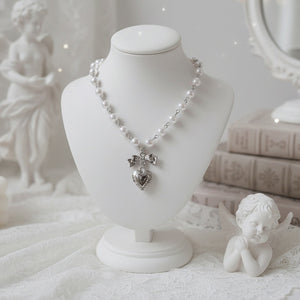 [Red Velvet Irene Necklace] Coquette Ribbon and Heart Locket Pearl Choker - Silver Color