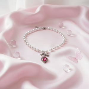 [Jenny Park Necklace] Rosepink Heart and Bow Pearl Choker Necklace