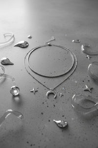 [Aespa NingNing Necklace] Upside Down Crescent Moon Rhinestone Chain Choker Layered Necklace - Silver
